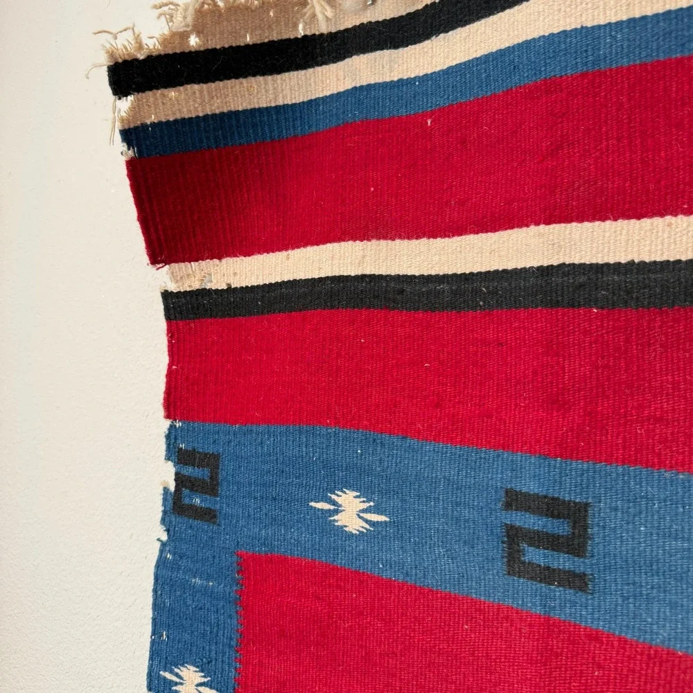 Vintage Southwestern Handwoven Wool Rug Red Blue Geometric Tribal Wall Hanging